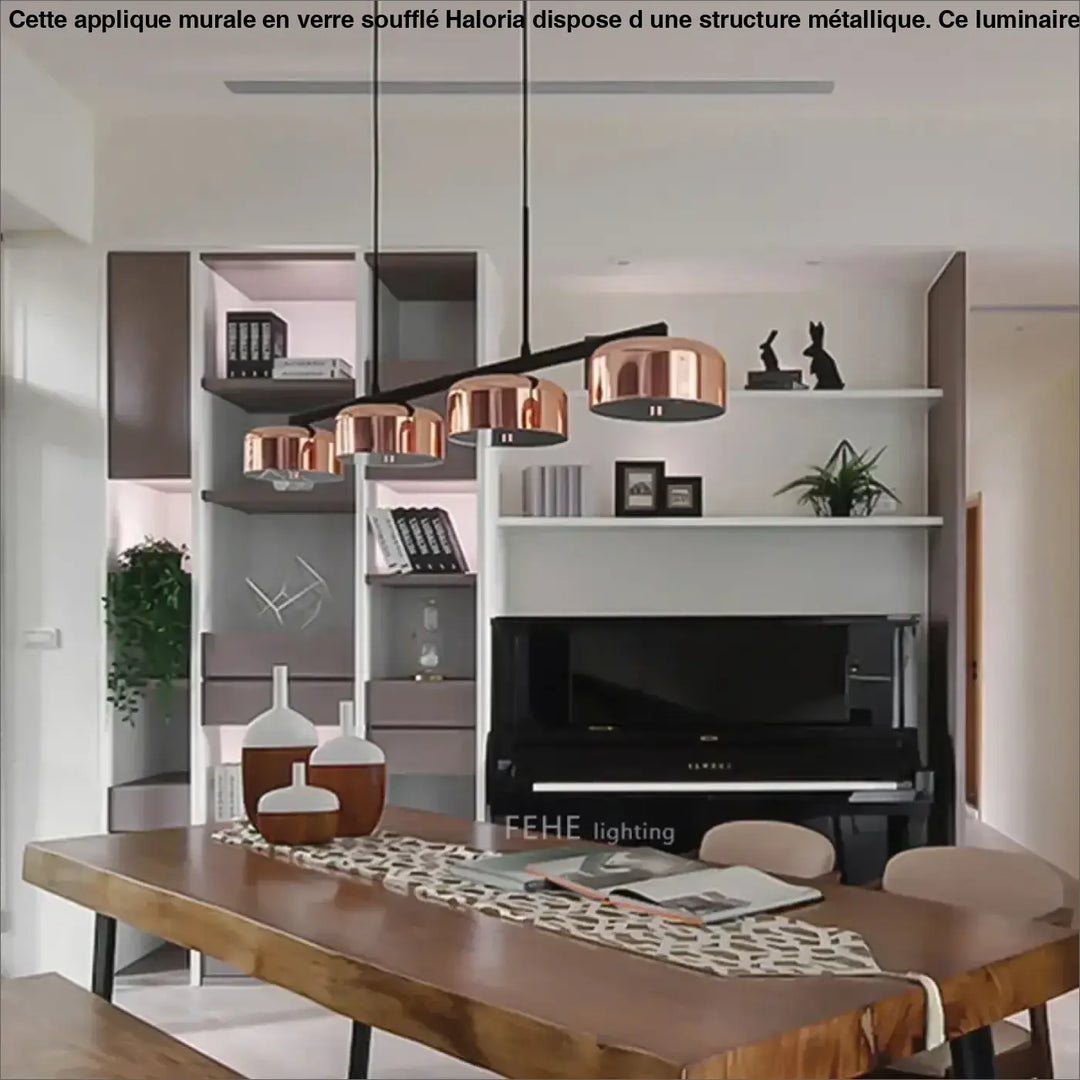 Suspension luminaire linéaire moderne à quatre abat-jours cuivrés

