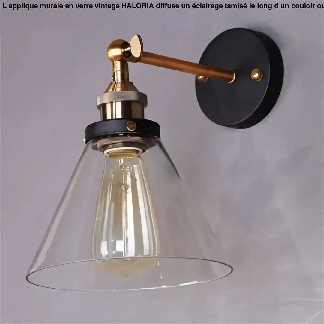 Applique murale en verre vintage avec bras finition laiton et base noire idéale pour éclairer long d’un couloir