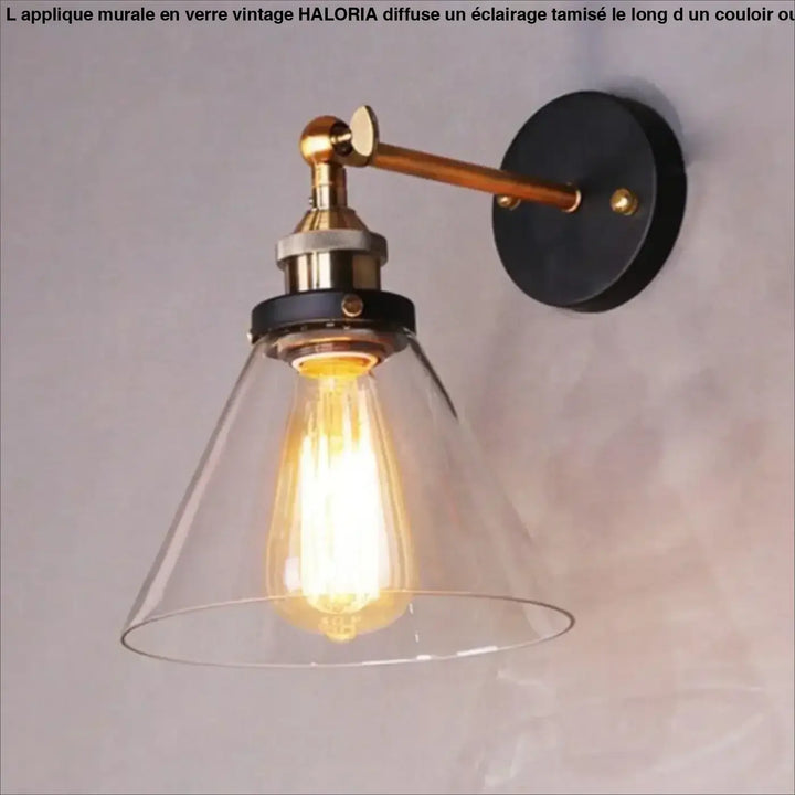 Applique murale industrielle en verre vintage avec bras finition laiton et base noire idéale pour long d’un couloir