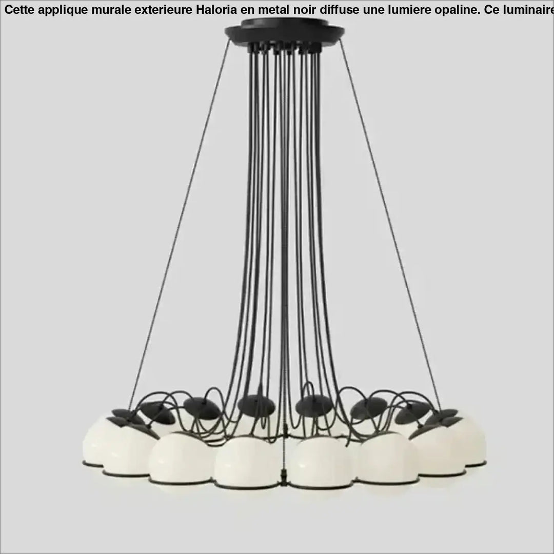 Suspension luminaire black metal avec globes en verre blanc suspendus par câbles fins design luminaire moderne