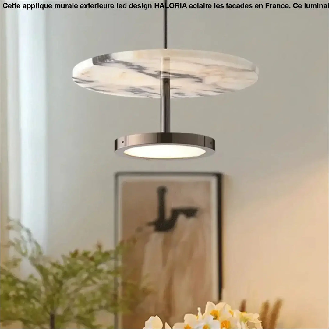 Suspension Design Marbre Moderne Avec Disque Veiné Et Anneau Led