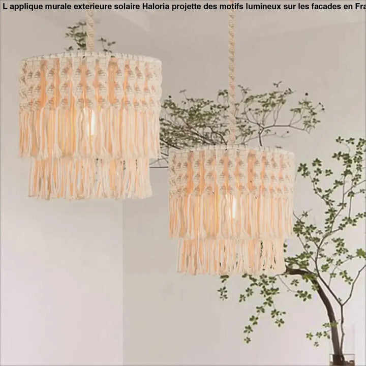 Luminaire plafonnier oreva en macramé beige avec tassels cascades en matières naturelles suspension luminaire bohème