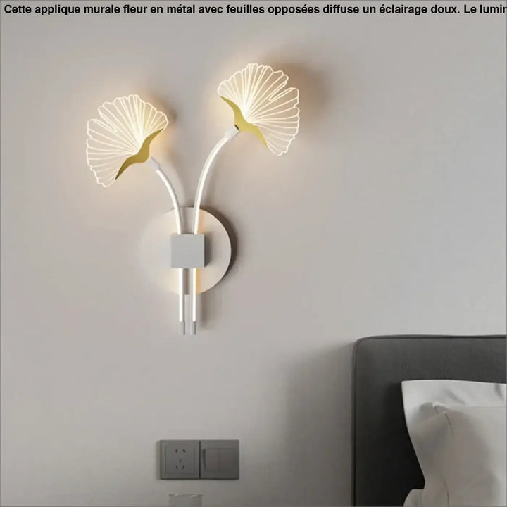 Applique Murale Fleur Avec Deux Feuilles Opposées En Aluminium