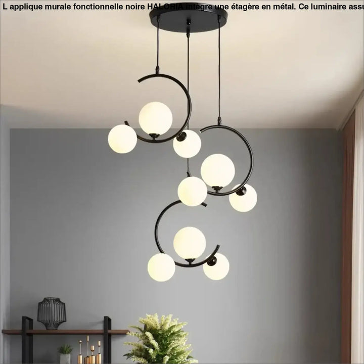 Suspension noire avec anneaux et globes lumineux opalins