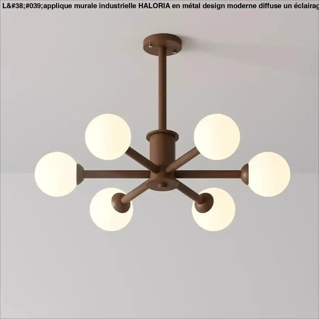 Applique murale industrielle en metal design moderne haloria avec chandelier bronze moderne et six globes en verre dépoli symétriques