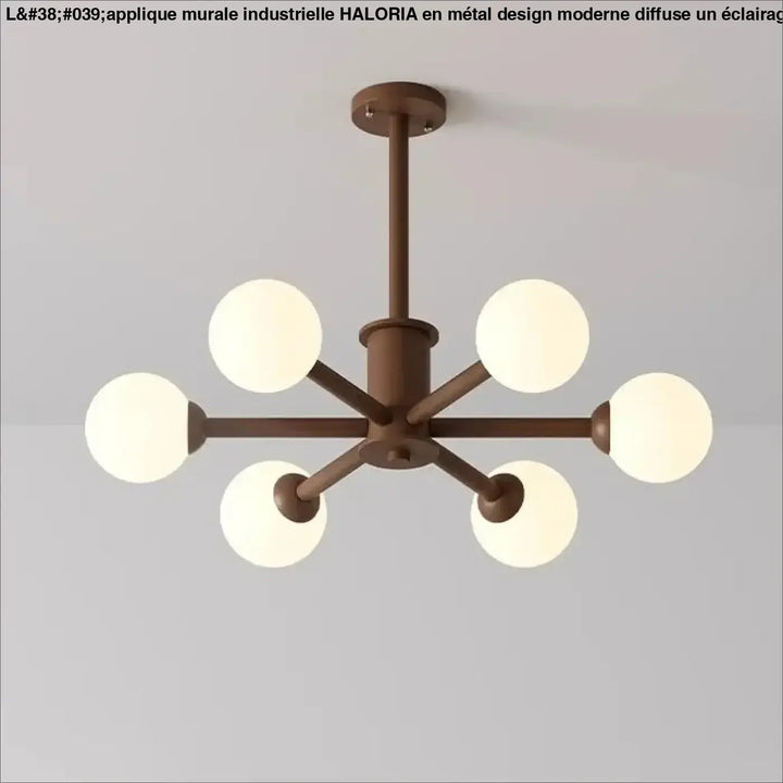Applique murale industrielle en metal design moderne haloria avec chandelier bronze moderne et six globes en verre dépoli symétriques