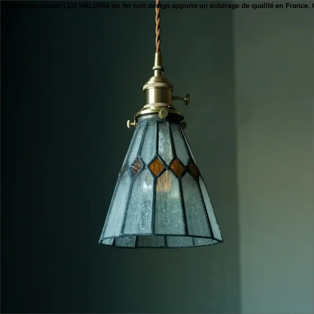Suspension verre art déco avec abat-jour en cuivre