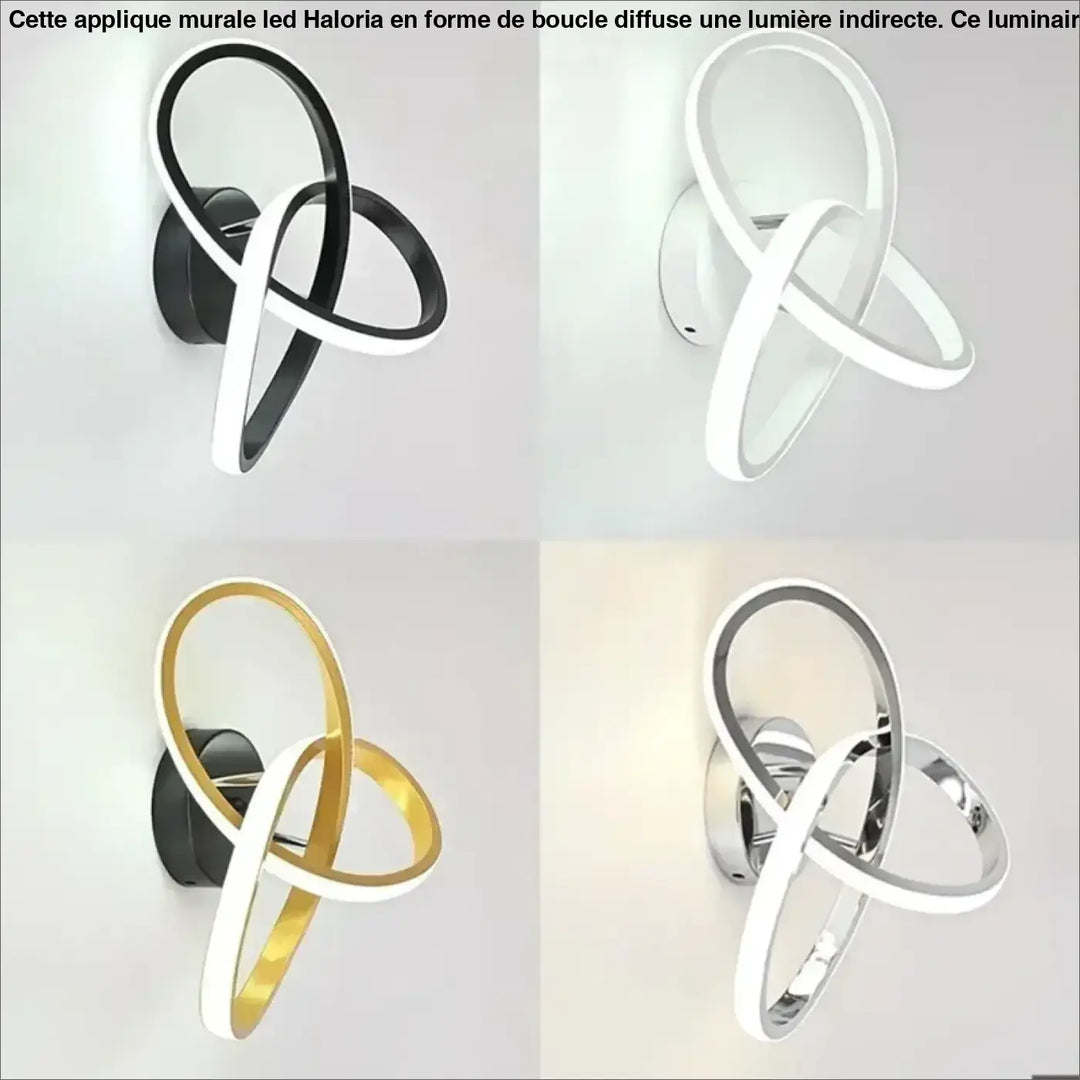 Applique murale led haloria en forme de boucle double anneau interloqué finition noir blanc or ou chrome moderne et minimaliste