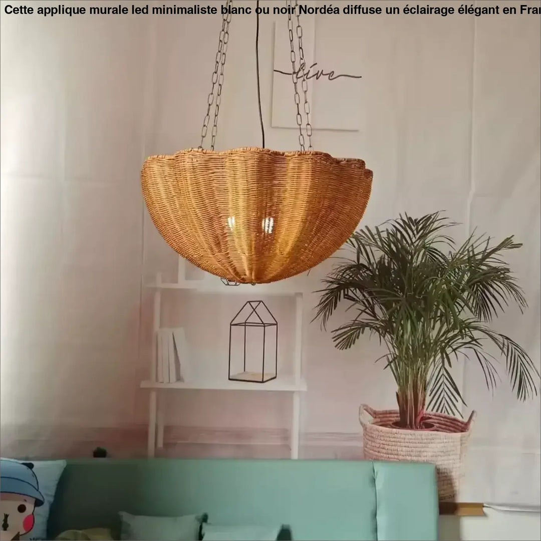 Suspension Luminaire Rotin Artisanale Forme Coquillage
