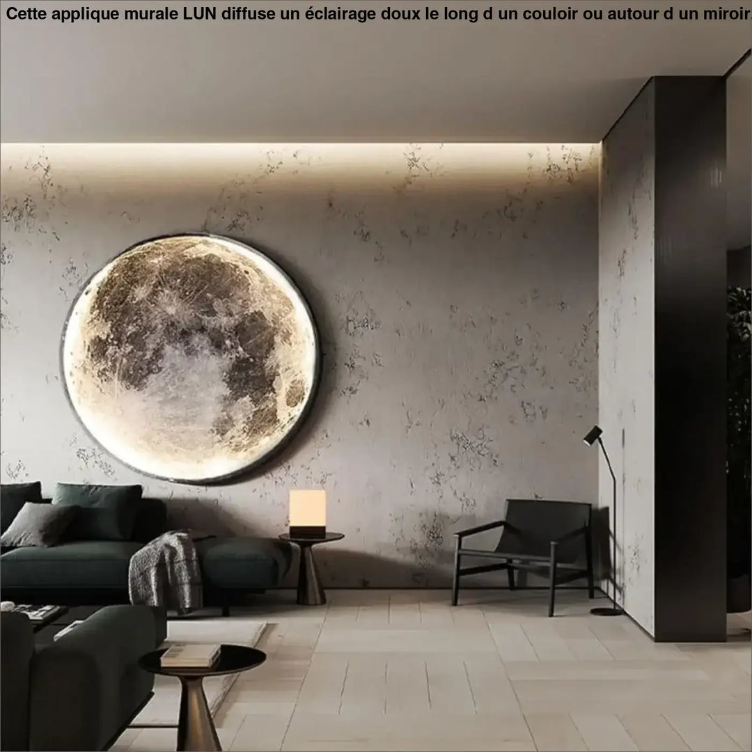 Applique murale lune circulaire illuminée avec surface détaillée en nuances de gris et beige idéale long d un couloir ou autour d un miroir