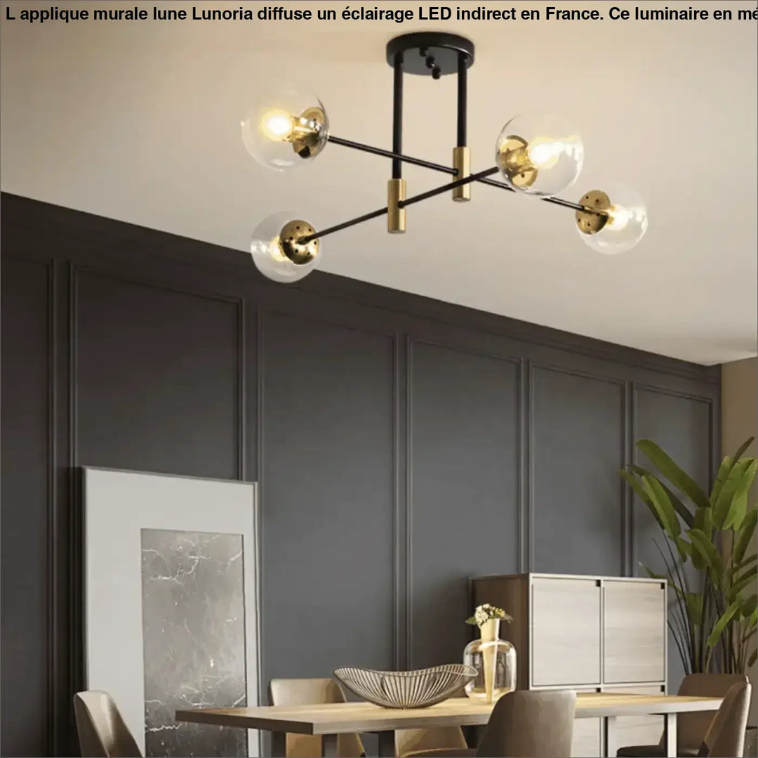 Applique murale lune lunoria moderne en noir et laiton avec ampoules globe en verre clair
