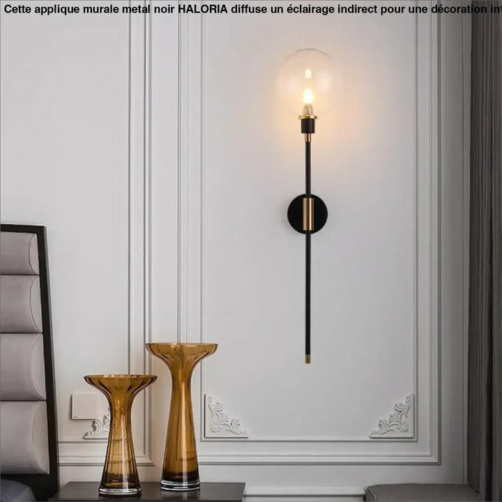 Applique murale metal noir haloria élégante en métal noir et or avec ampoule en verre clair pour éclairage mural design