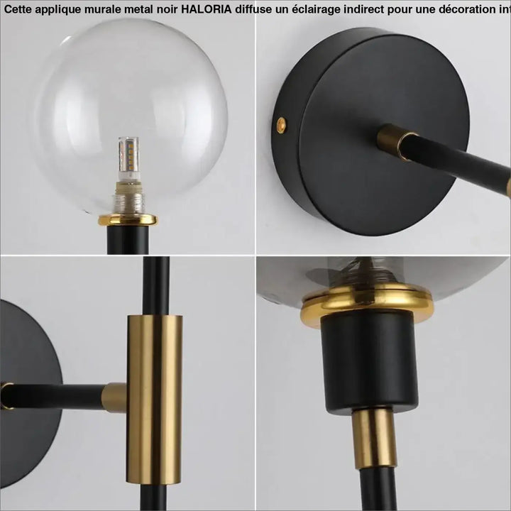 Applique murale metal noir haloria moderne noire et or avec globe en verre clair et ampoule visible