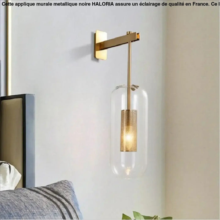 Applique murale metallique noire haloria avec verre clair cylindre et manche interne dore texturé moderne