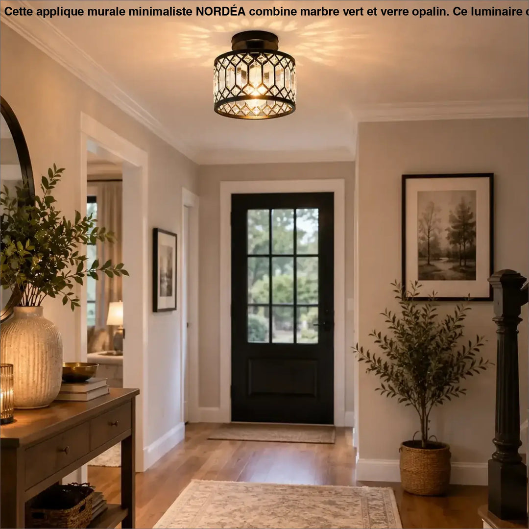 Luminaire plafonnier en métal noir avec design géométrique et cristaux lumineux clairs mirelys