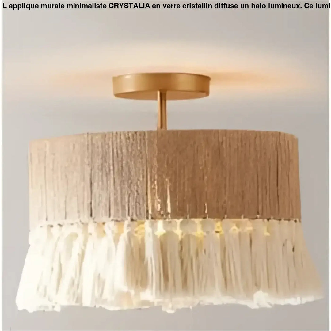 Luminaire plafonnier lunara beige en tissu naturel avec pampilles tressées et ferrures dorées charme bohème