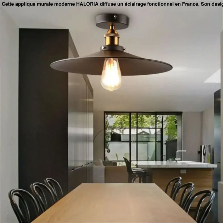 Luminaire plafonnier style industriel avec abat-jour large mat noir et accents en laiton pour décoration intérieure