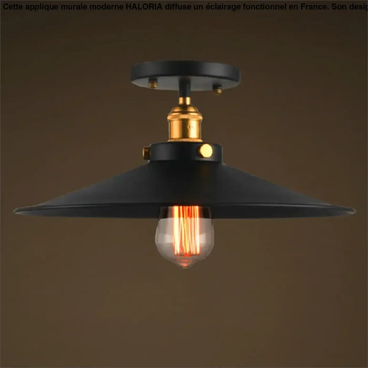 Luminaire plafonnier style industriel noir avec base en laiton et ampoule à filament apparent pour décoration intérieure
