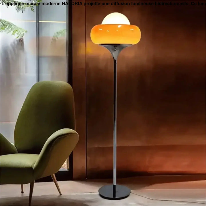Lampadaire moderne virelia avec tige en chrome, base noire et abat-jour en verre orange design rétro en forme de fleur