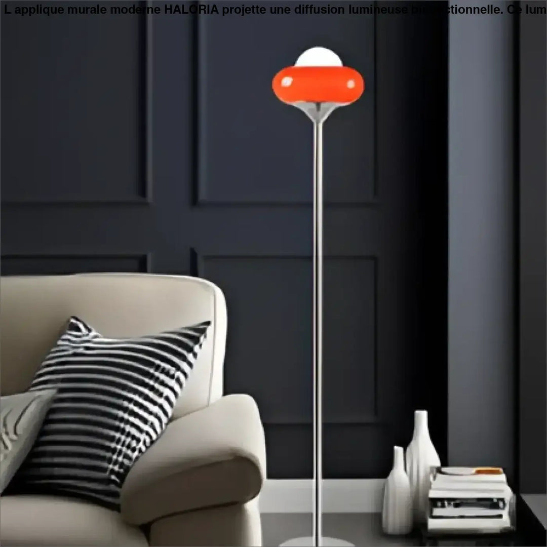 Lampadaire moderne virelia avec abat-jour en verre orange et tige métallique fine design rétro élégant