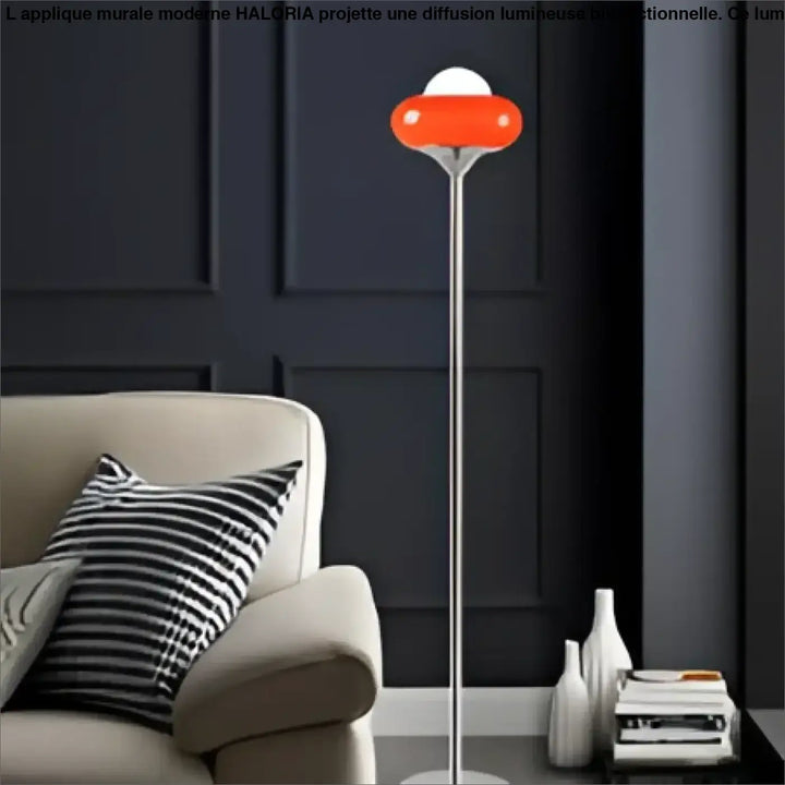 Lampadaire moderne virelia avec abat-jour en verre orange et tige métallique fine design rétro élégant