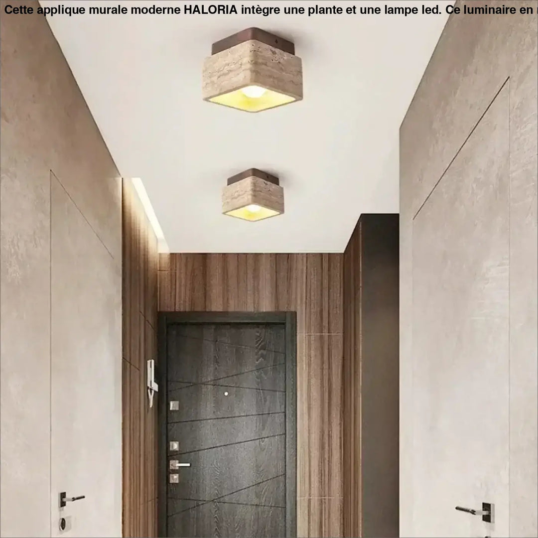 Luminaire plafonnier rtinah avec finition pierre texturée et lumière jaune chaud pour décoration intérieure bois naturel plafonnier design