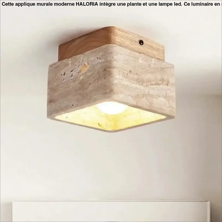 Luminaire plafonnier carré en béton rustique avec bois naturel et lumière jaune chaude pour décoration intérieure design