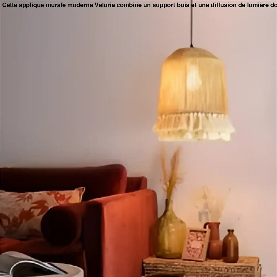 Suspension luminaire calista en tissu tissé chaud avec abat-jour texturé à franges style luminaire bohème