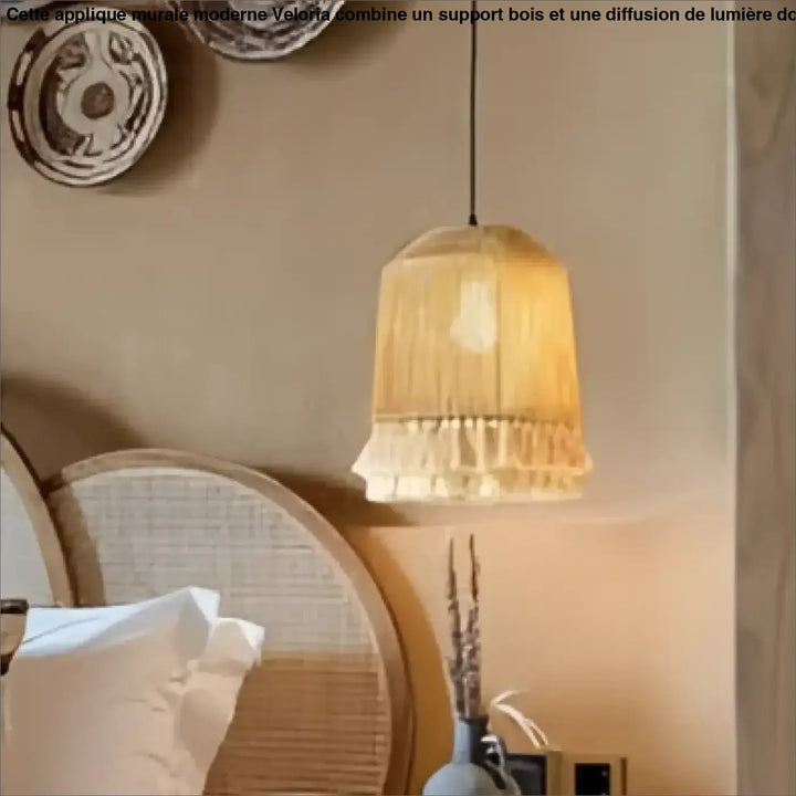Suspension luminaire calista en osier tissé chaud avec base à franges style luminaire bohème