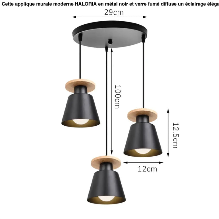 Applique murale moderne avec trois suspensions en métal noir et accents en bois au design industriel contemporain