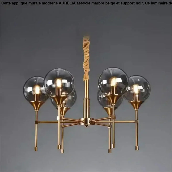 Suspension luminaire bublor en finition laiton avec cinq globes en verre clair et tige torsadée en tissu pour éviter frais supplémentaires