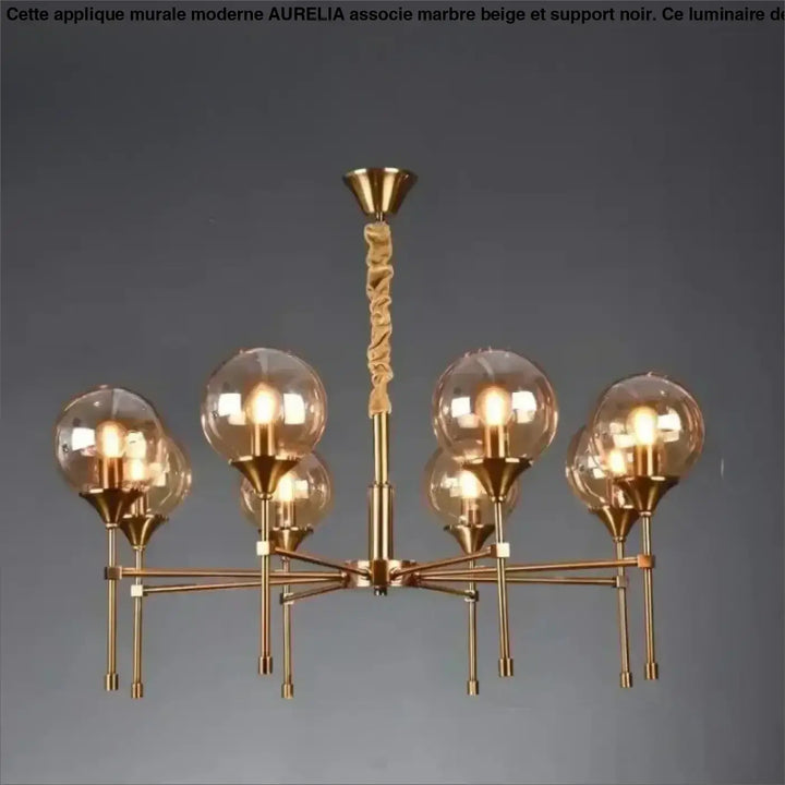 Suspension luminaire bublor dorée avec six globes en verre sphériques et câble torsadé évitant frais supplémentaires