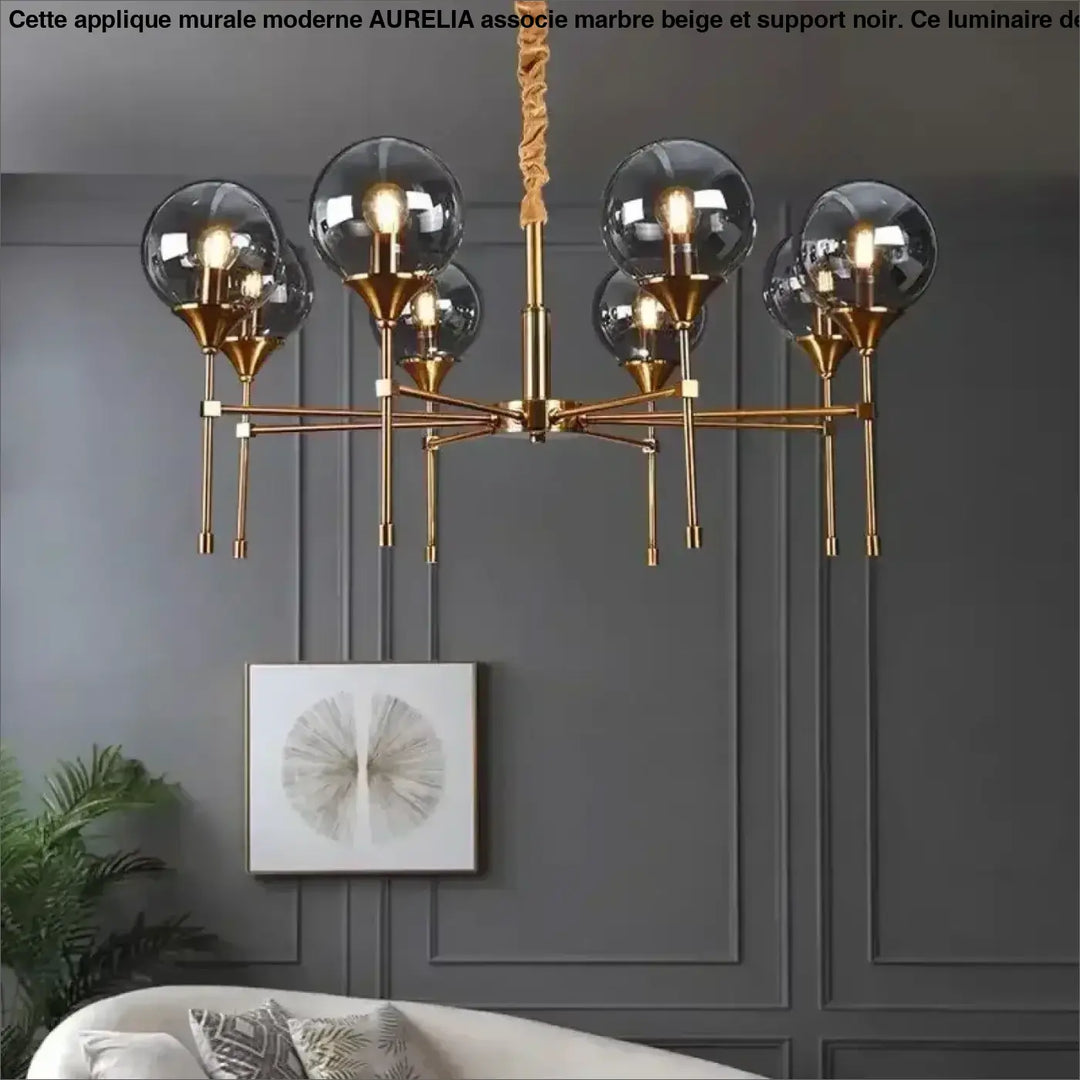 Suspension luminaire bublor doré avec six globes en verre et corde torsadée sans frais supplémentaires