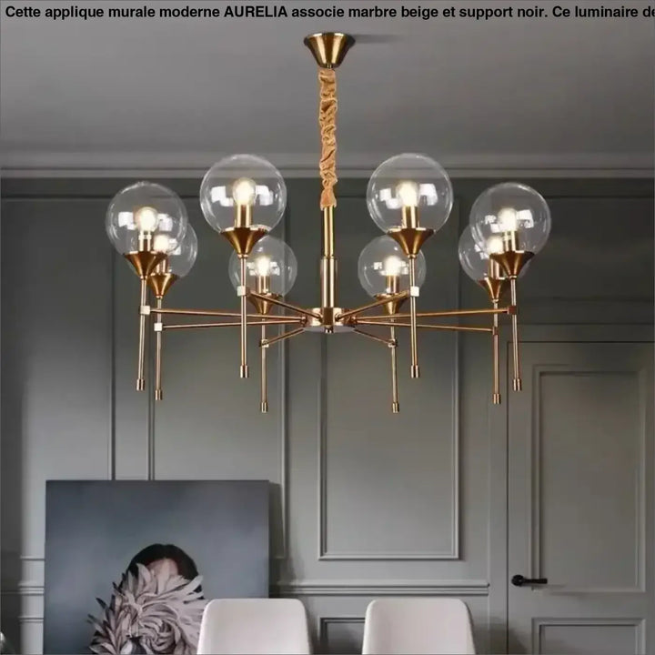 Suspension luminaire bublor en laiton finition avec six globes en verre sphériques et câble en corde torsadée frais supplémentaires possible