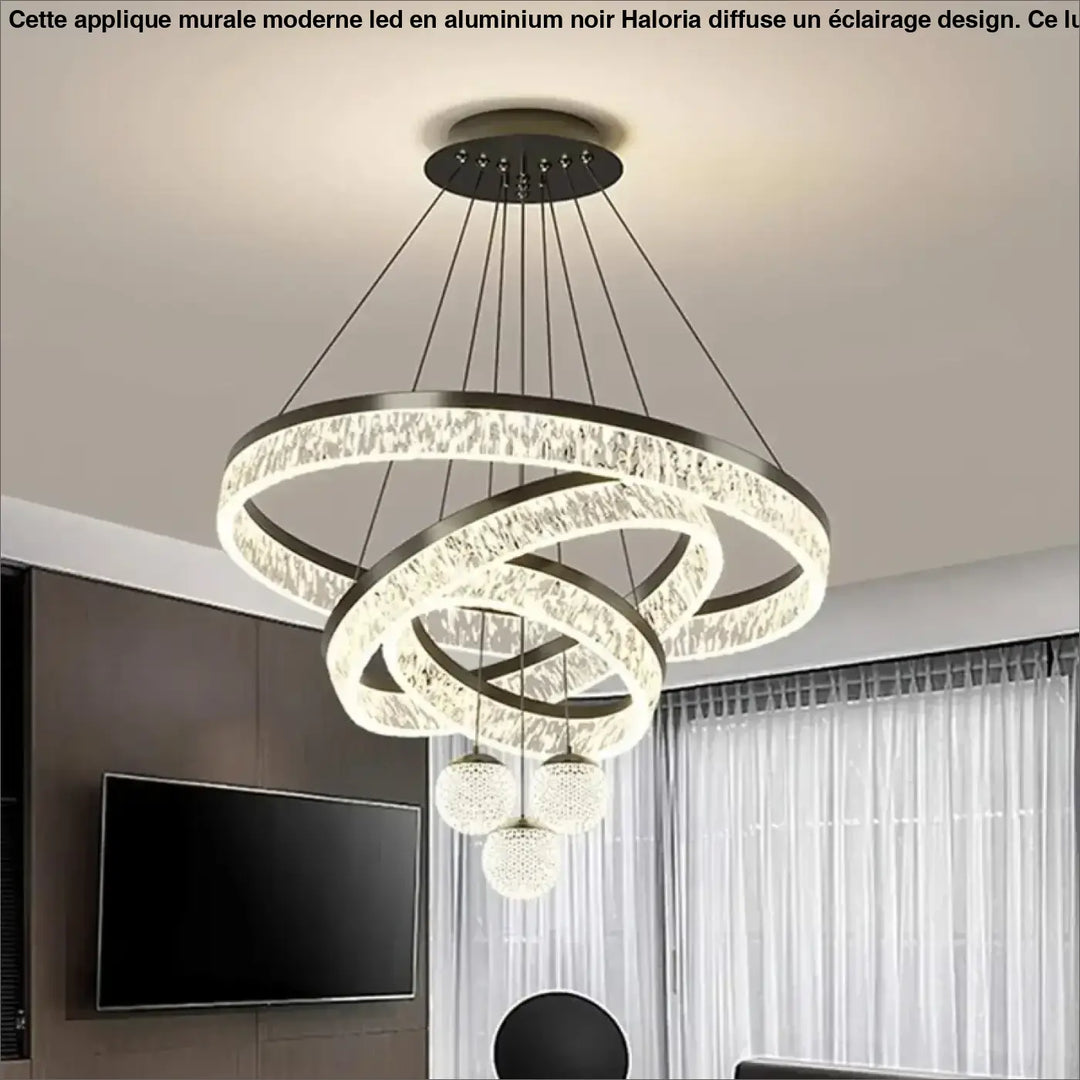 Applique murale moderne en aluminium noir avec anneaux de cristal lumineux et trois suspensions sphériques led haloria
