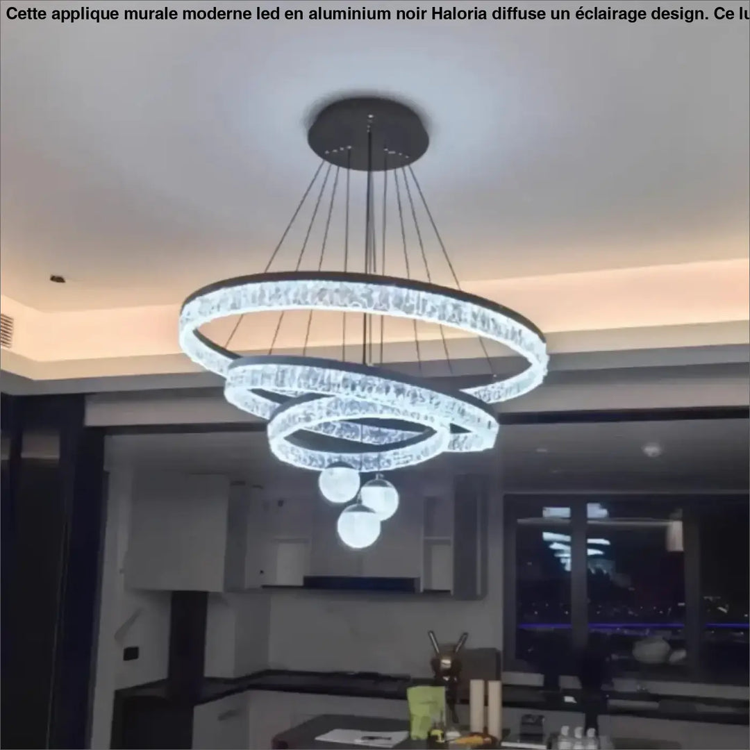 Applique murale moderne en aluminium noir avec trois anneaux entrelacés et lumières sphériques suspendues haloria