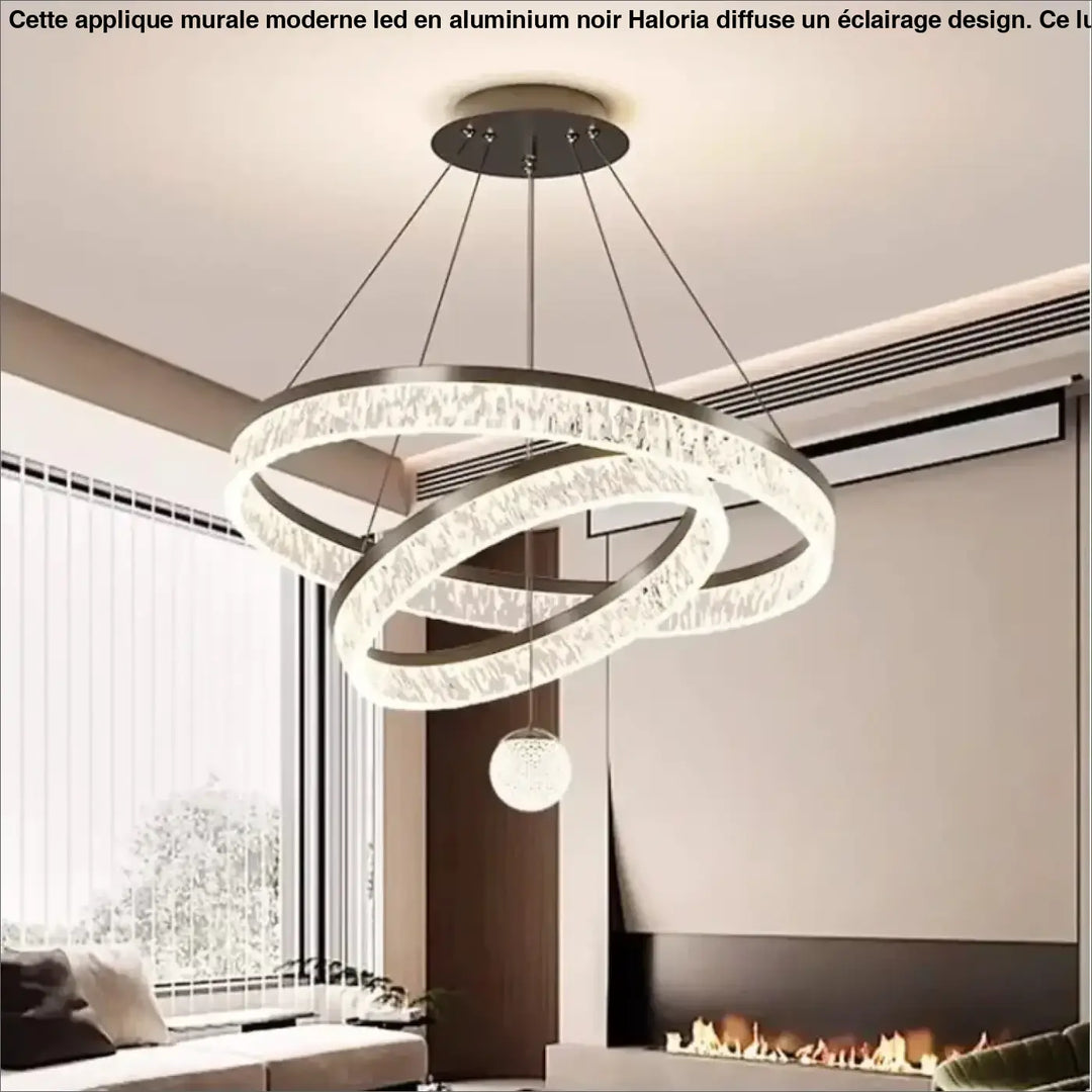 Applique murale moderne en aluminium noir avec chandelier chrome à trois anneaux entrelacés et pendentif sphérique en cristal
