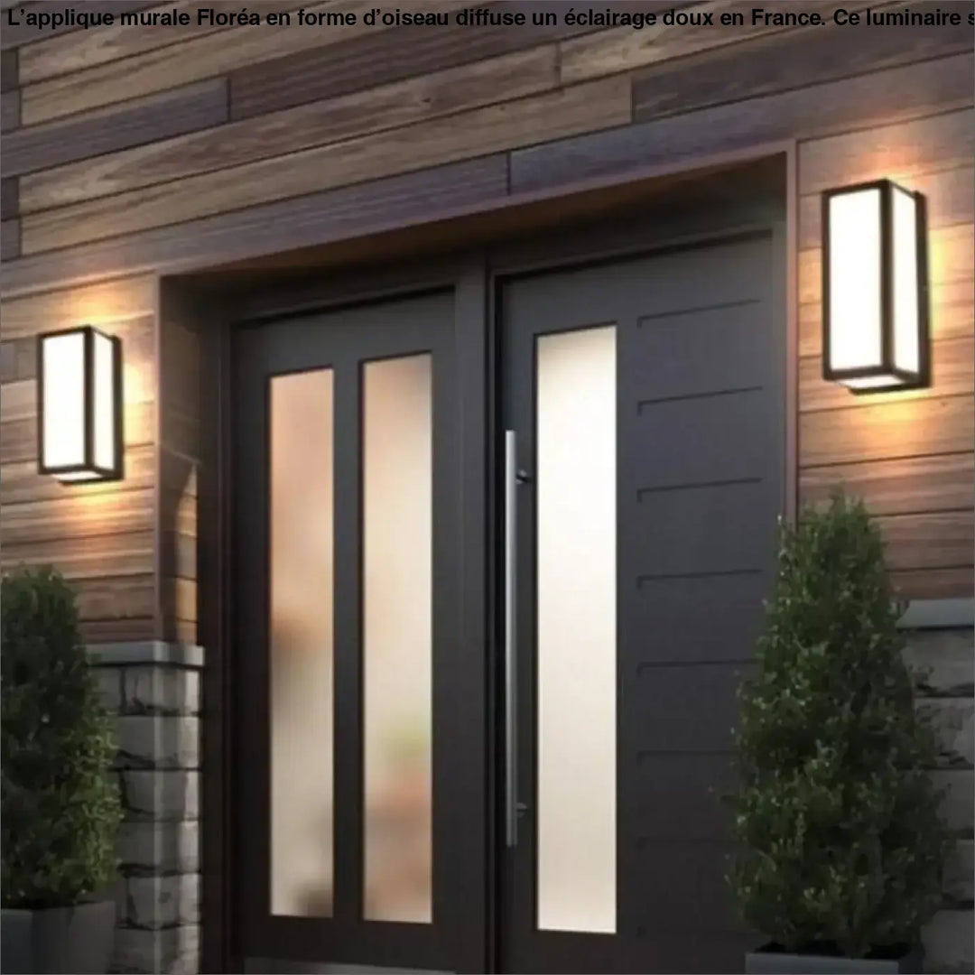 Modern black-framed double doors with frosted glass and sleek slats flanked by applique murale oiseau florea wall sconces around a mirror