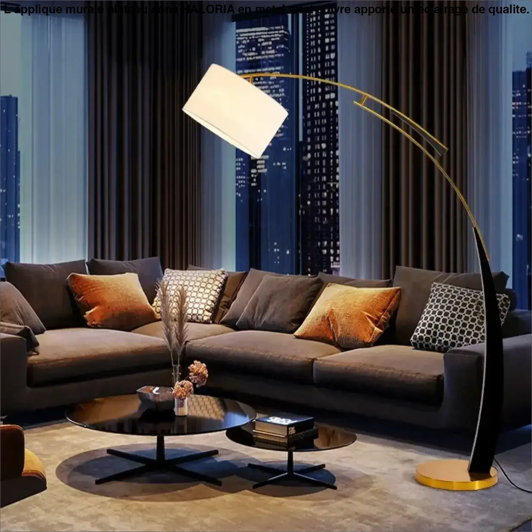 Lampadaire arc design moderne avec abat jour en tissu blanc