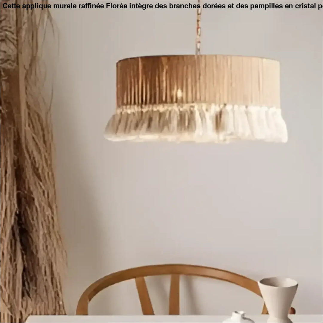 Suspension luminaire duna beige en tissu tissé avec franges et style bohème pour une ambiance chaleureuse