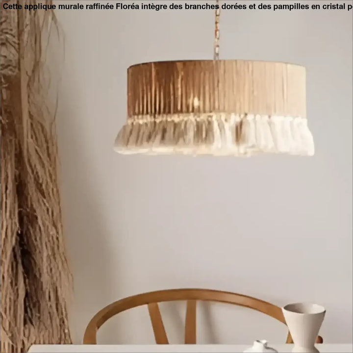 Suspension luminaire duna beige en tissu tissé avec franges et style bohème pour une ambiance chaleureuse