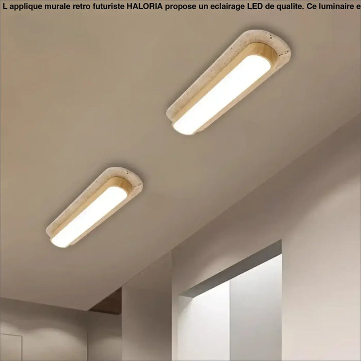 Luminaire plafonnier sabrih avec led intégré, cadre en pierre texturée et accents bois courbé pour un plafonnier moderne