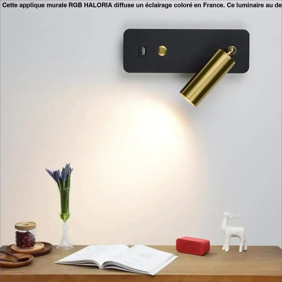Applique murale rgb haloria noire moderne avec spot orientable doré et port usb intégré pour lecture