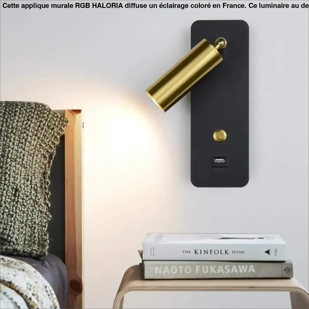 Applique murale rgb haloria finition or avec base noire ajustable et port usb intégré pour éclairage moderne murale rgb