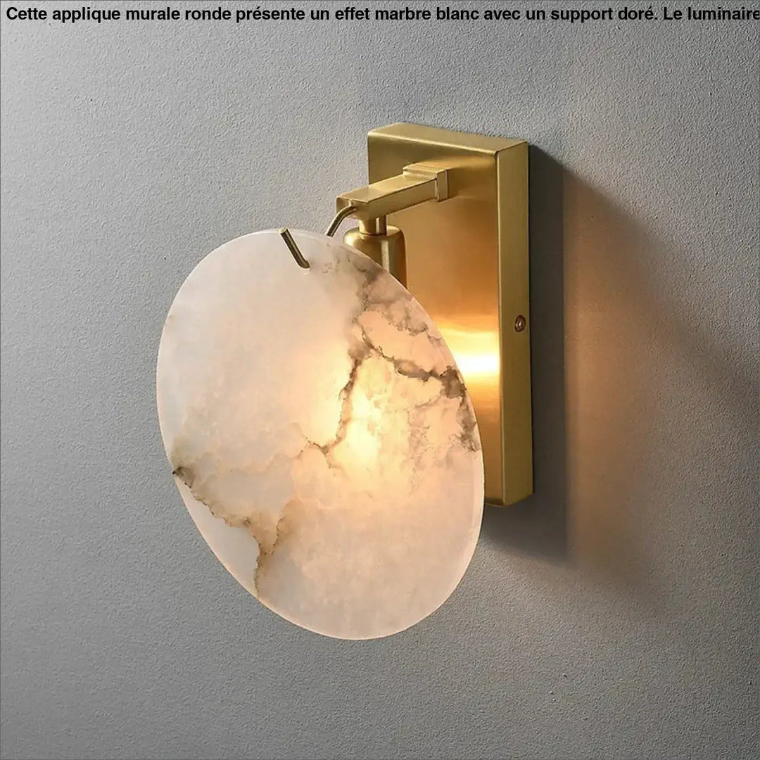 Applique murale ronde à l'effet marbre blanc et à support doré

