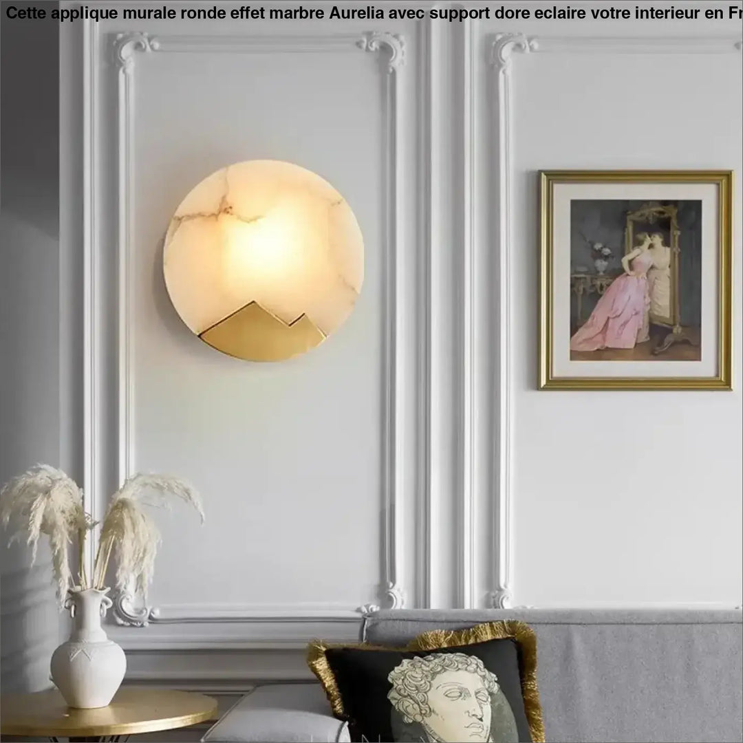 Applique Murale Ronde À L’Effet Marbre Avec Support Doré Élégante
