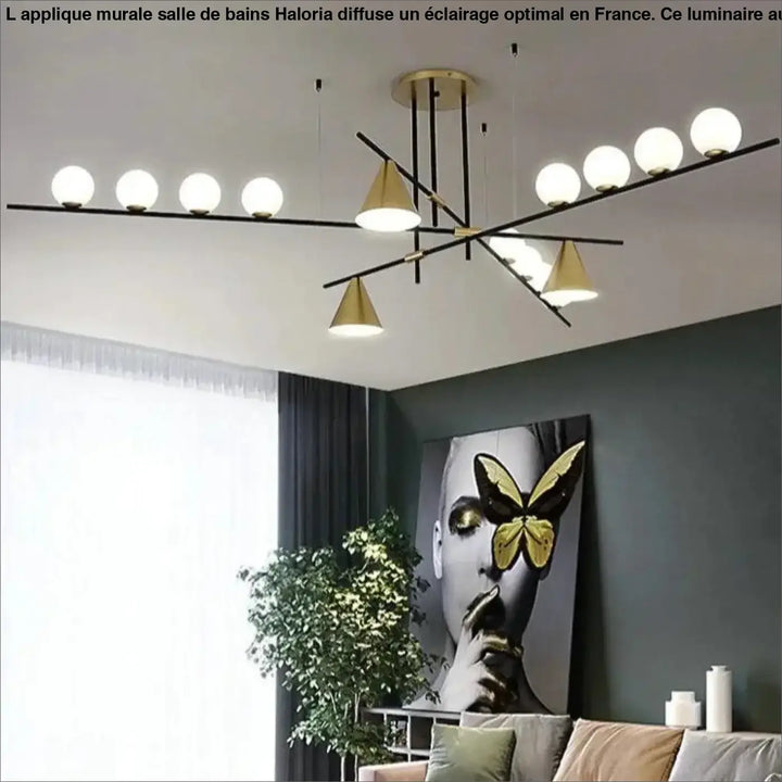 Applique murale salle noire et or moderne avec suspension géométrique et ampoules sphériques haloria