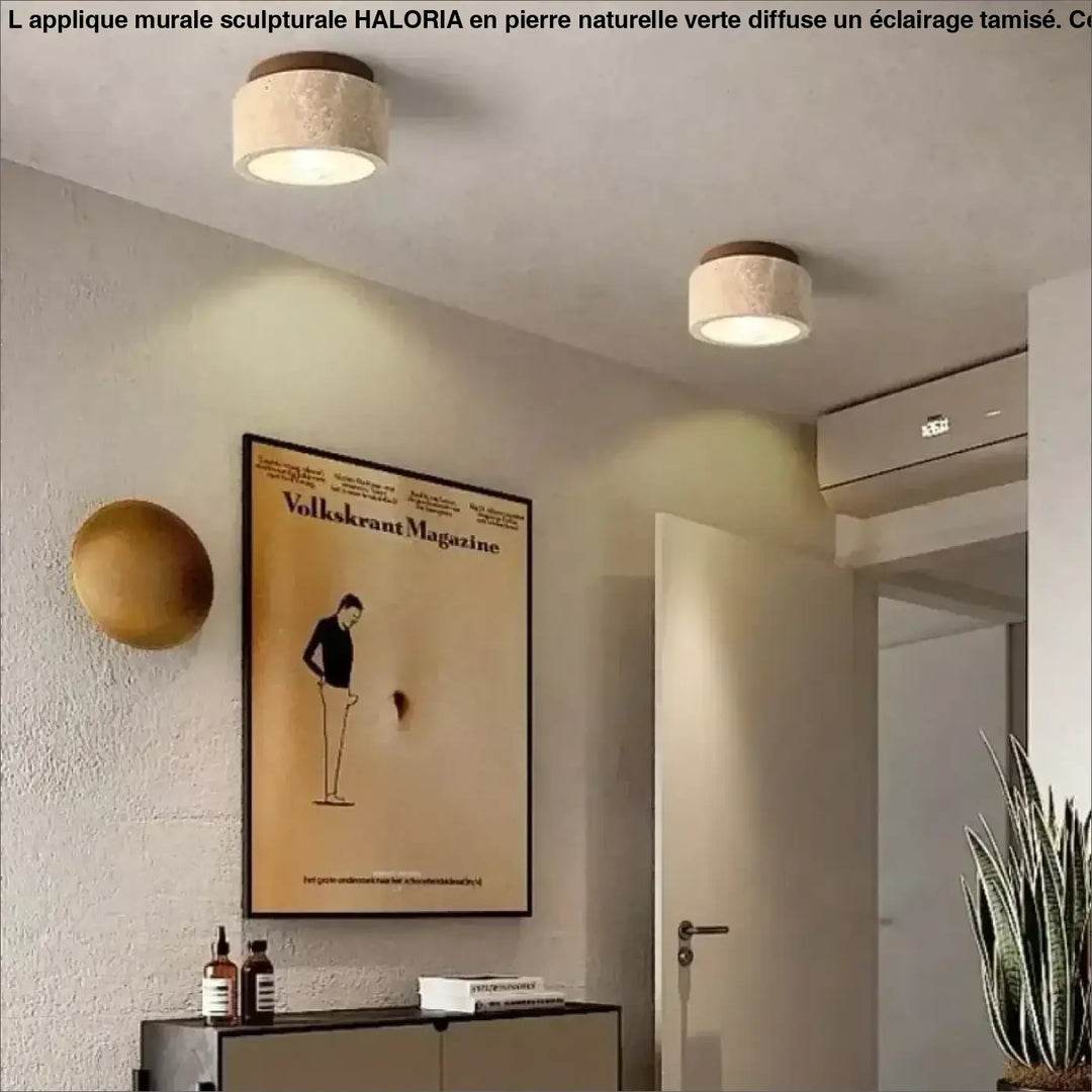 Plafonnier Cylindrique En Pierre Avec Finition En Bois

