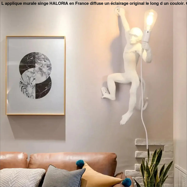 Applique murale singe blanc avec ampoule suspendue et cordon design original pour éclairage décoratif murale singe haloria