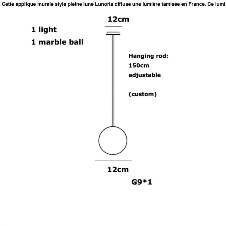 Suspension luminaire sculpturale sitoko en marbre blanc avec boule de 12 cm albâtre flottant et tige réglable 150 cm